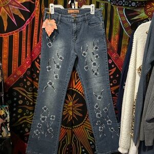 Denim&Co Dark Blue Embroidered Flare Jeans